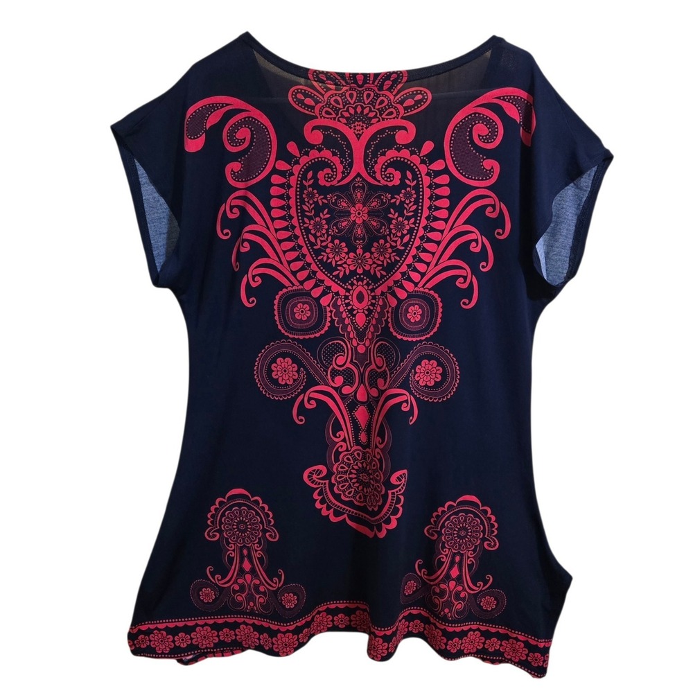 Gizel Womens Tunic Size Large Blue and Pink Boho Shortsleeve Top V Neck